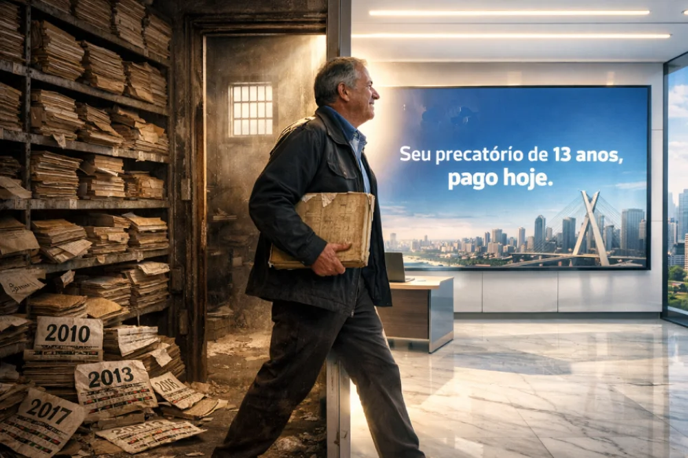 Homem deixa para trás a longa espera pelo precatório, simbolizada por arquivos antigos, e entra em um escritório moderno.