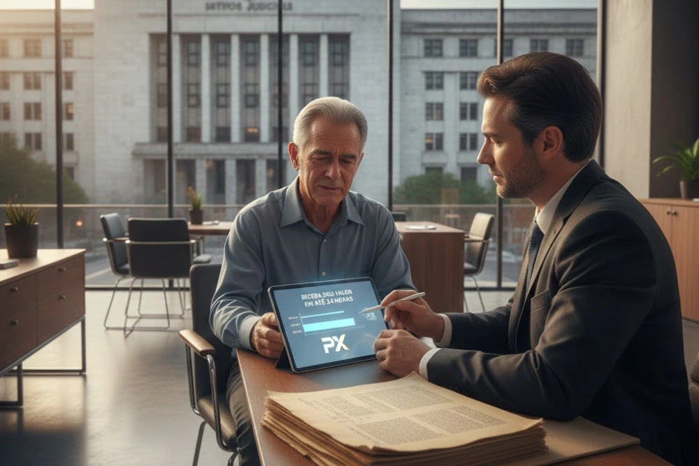 Homem em reunião sobre o tempo para receber o precatório do INSS, vendo a opção de antecipar o valor em um tablet.